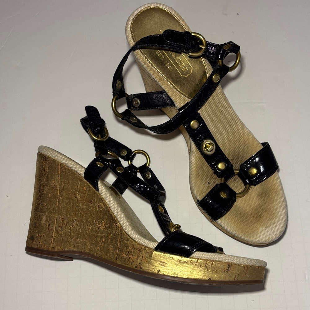 Coach Mercy Crinkle Patent Leather  Black and Gold Wedge Sandals